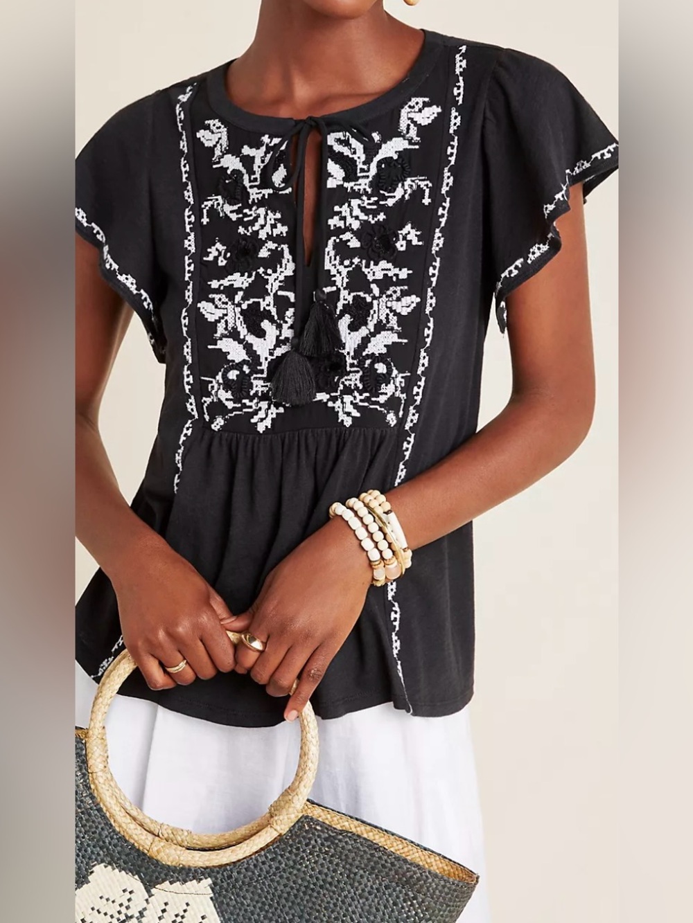 Anthropologie Black and White Embroidered Tassel Peasant Blouse - Size M